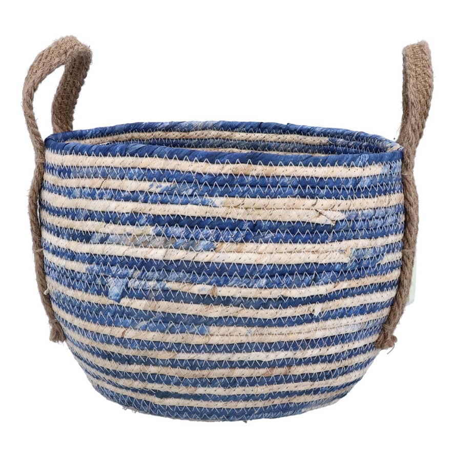 Gisela Graham Medium Blue Stripes Round Corn Husk Basket