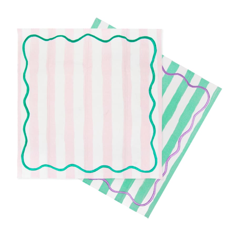 Talking Tables Pack of 4 Pink and Green Striped Cotton Napkins