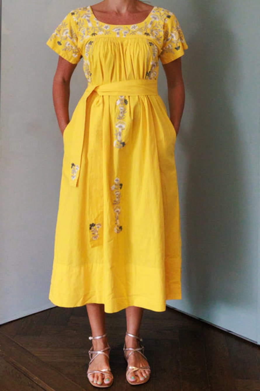 ARIFAH STUDIO Mexican Embroidered Kaftan Dress In Lemon Yellow By
