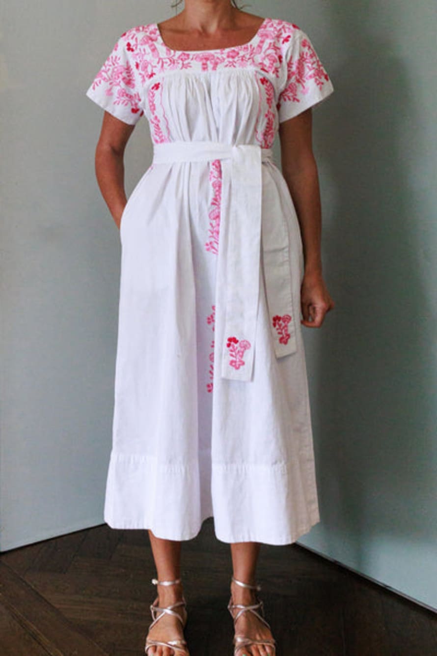 ARIFAH STUDIO Mexican Embroidered Kaftan Dress In Pink And White By