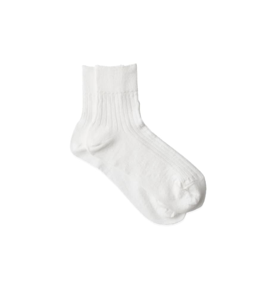 Fog Linen Work Fine Knit Linen Ribbed Ankle Socks, White