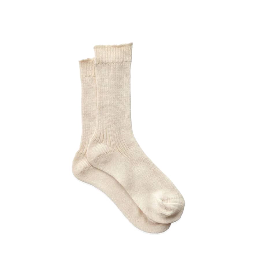 Fog Linen Work Medium Knit Linen Ribbed Crew Socks, Ecru