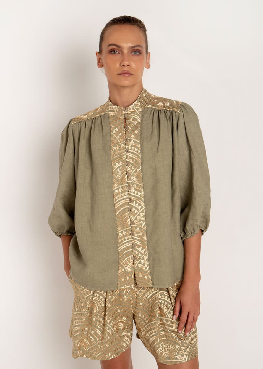 Greek Archaic Kori Embroidered Linen Shirt - Tea/gold
