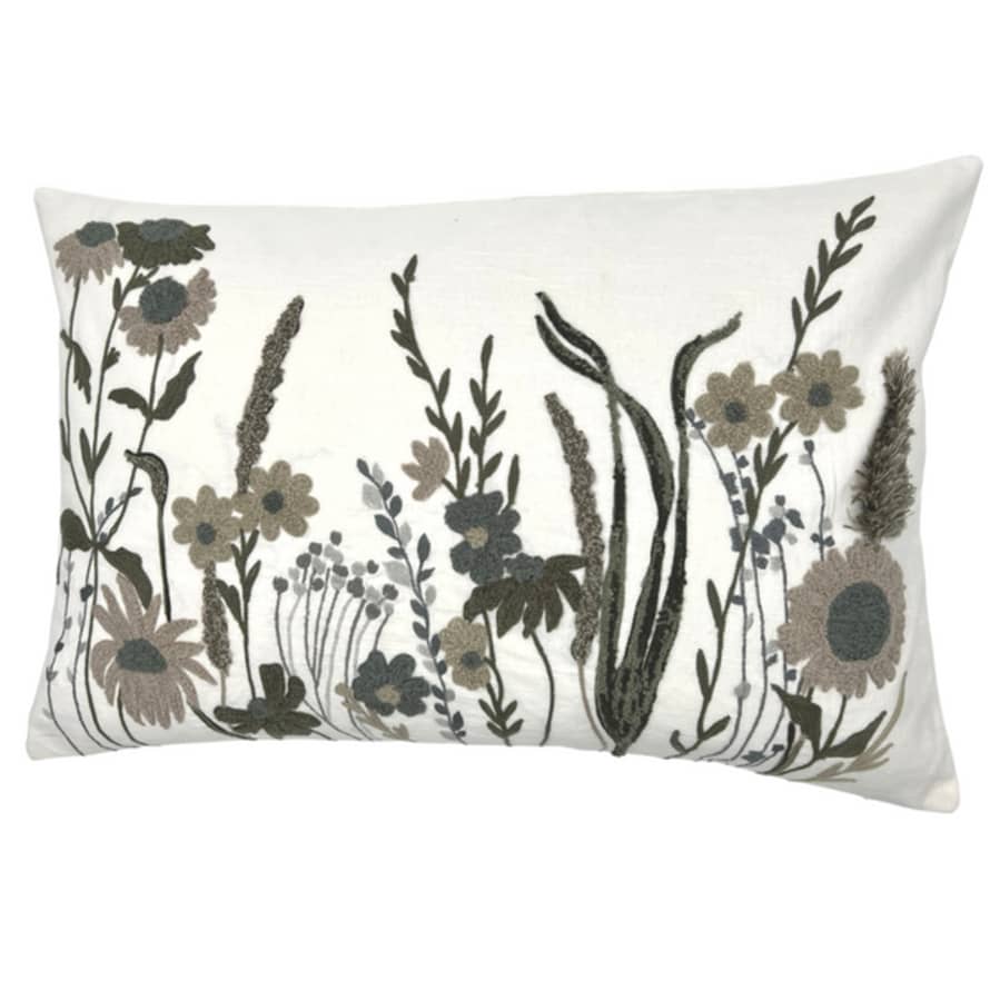 ByRoom Rectangular Cushion In White With Embroidered Flowers