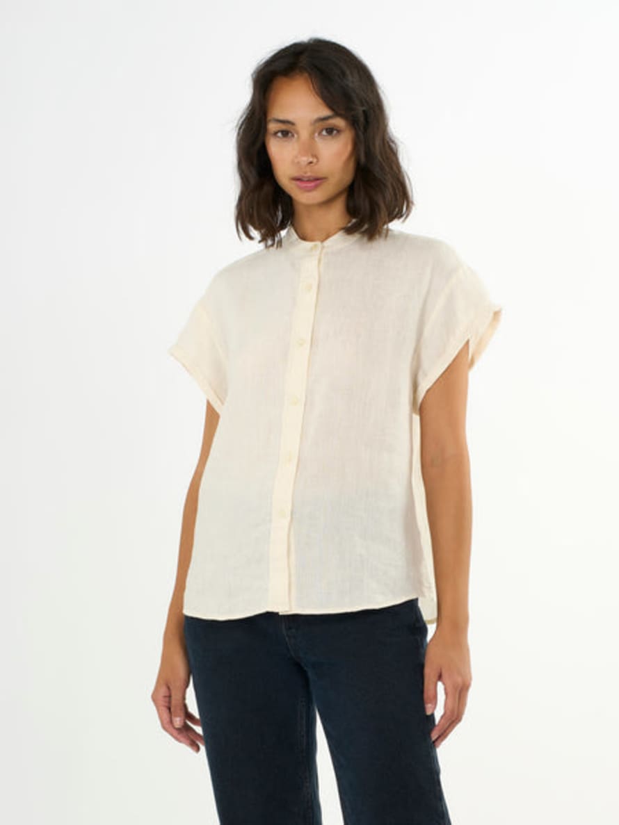 Knowledge Cotton Apparel  Buttercream Collar Stand Linen Shirt