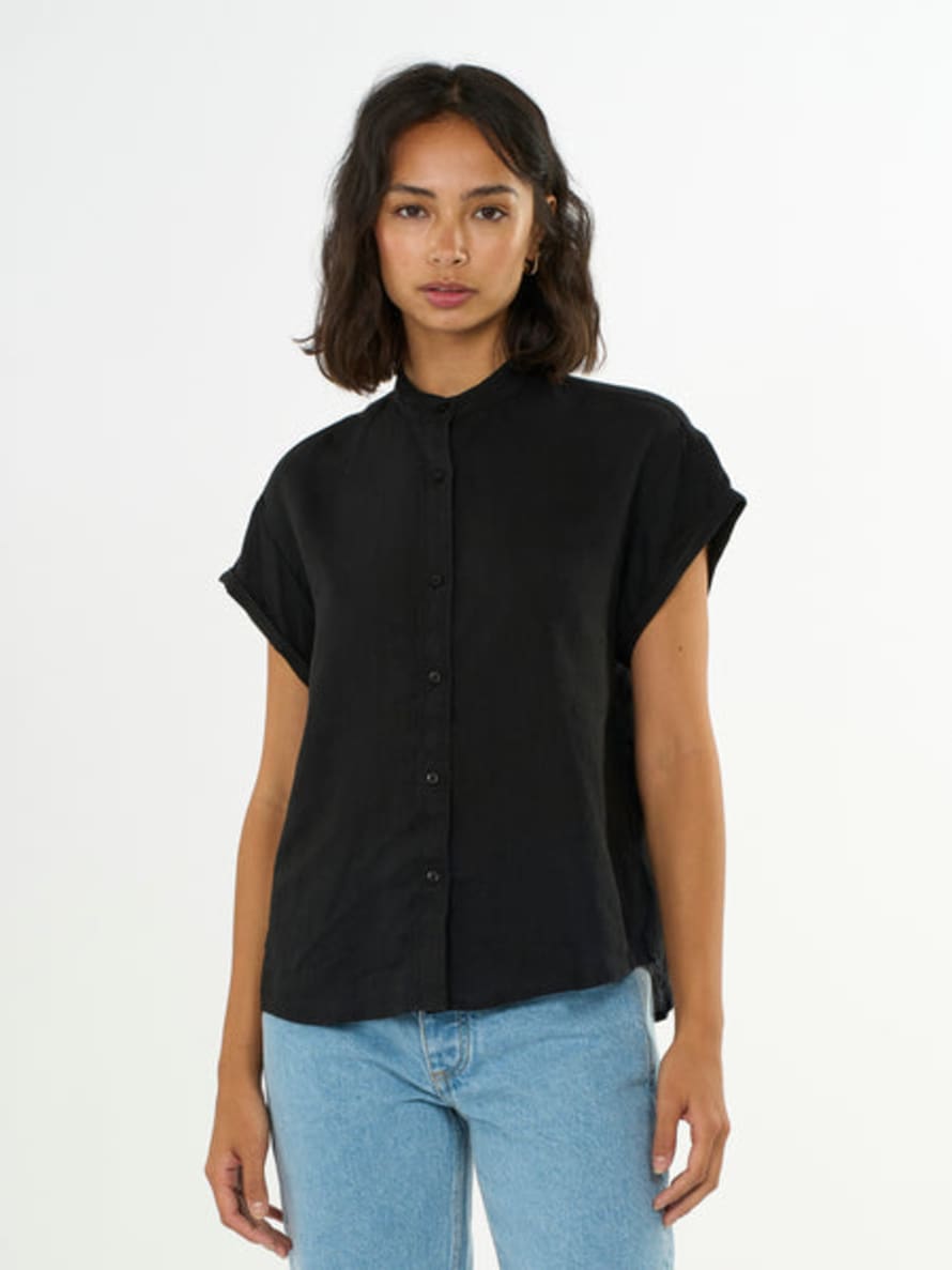 Knowledge Cotton Apparel  Black Collar Stand Linen Shirt