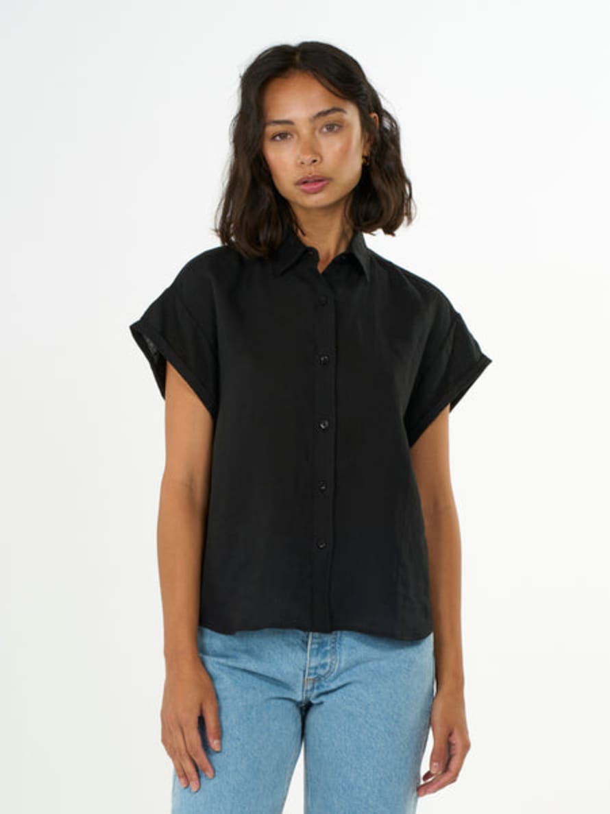 Knowledge Cotton Apparel  Black Aster Linen Shirt