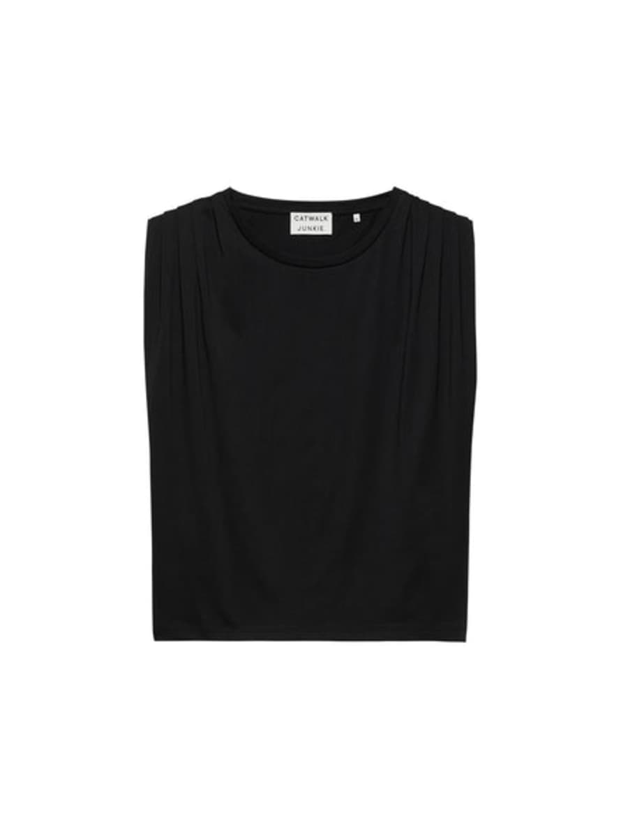 CATWALK JUNKIE Black Pleated Shoulder Singlet T-shirt