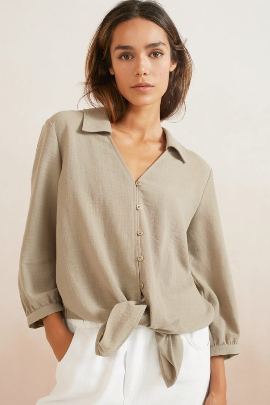 Yaya Blouse With Long Sleeves, Buttons And Knotted Accent - Army Green