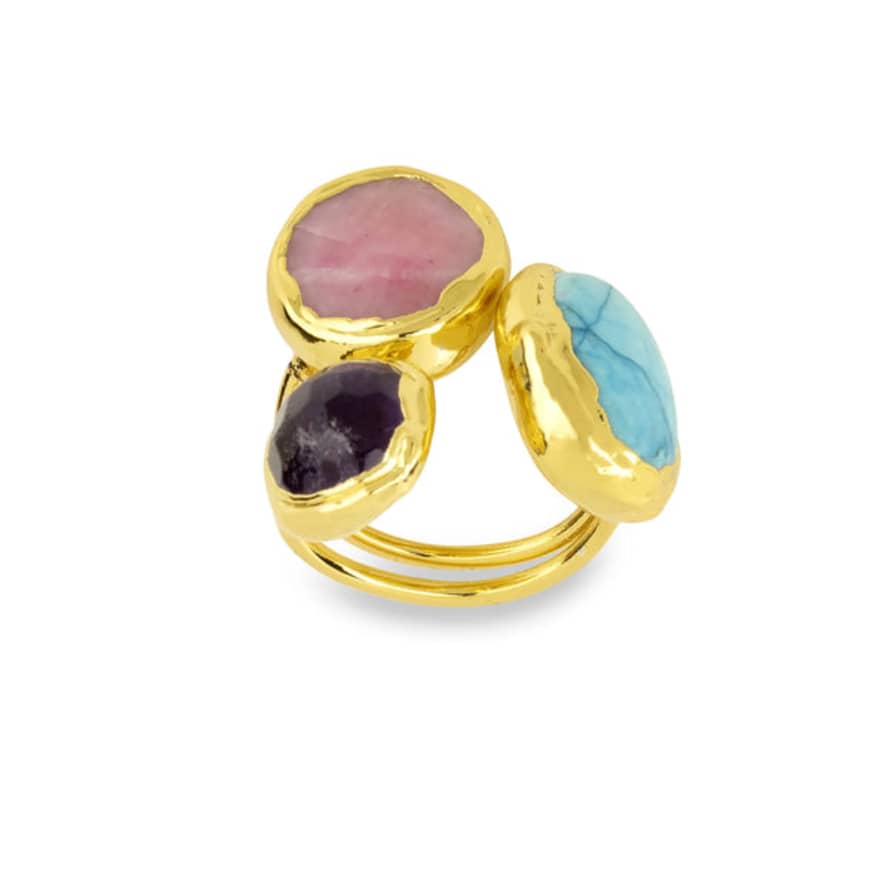 Ashiana Amelie 3 Stone Adjustable Ring - Pink / Gold