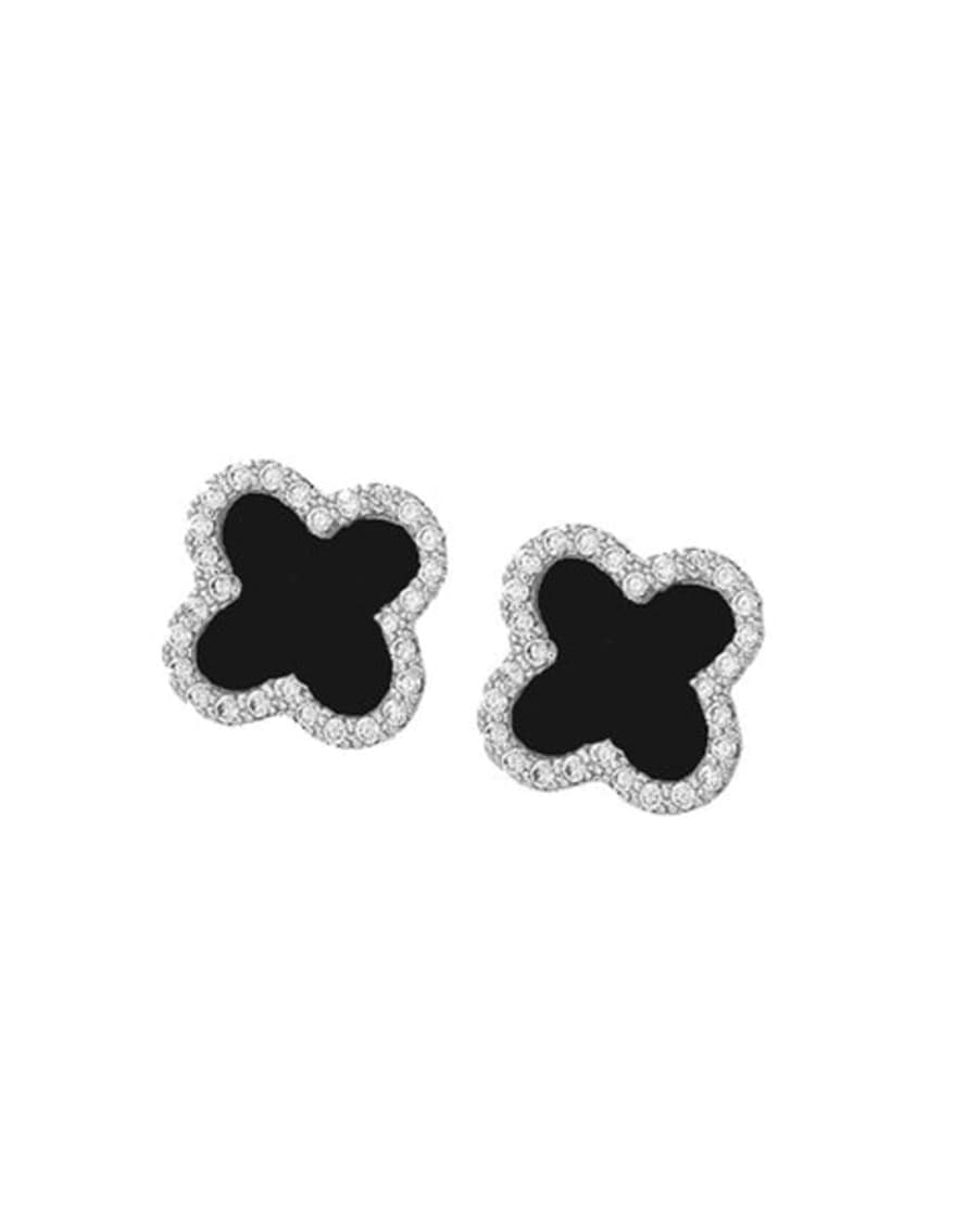 White Leaf - Crystal Encrusted Clover Earring In Black - Rhodium Plated Brass
