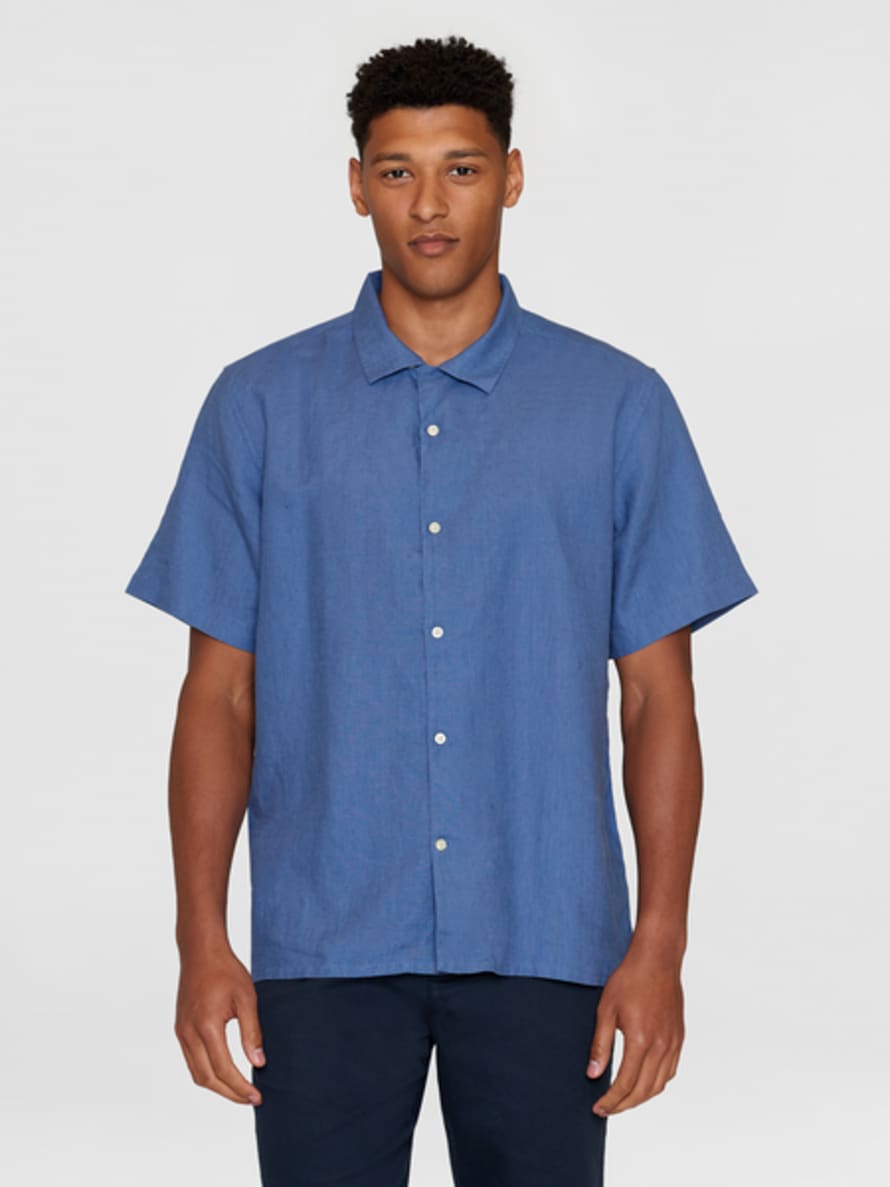 Knowledge Cotton Apparel  Blue Boxy Short Sleeve Linen Shirt