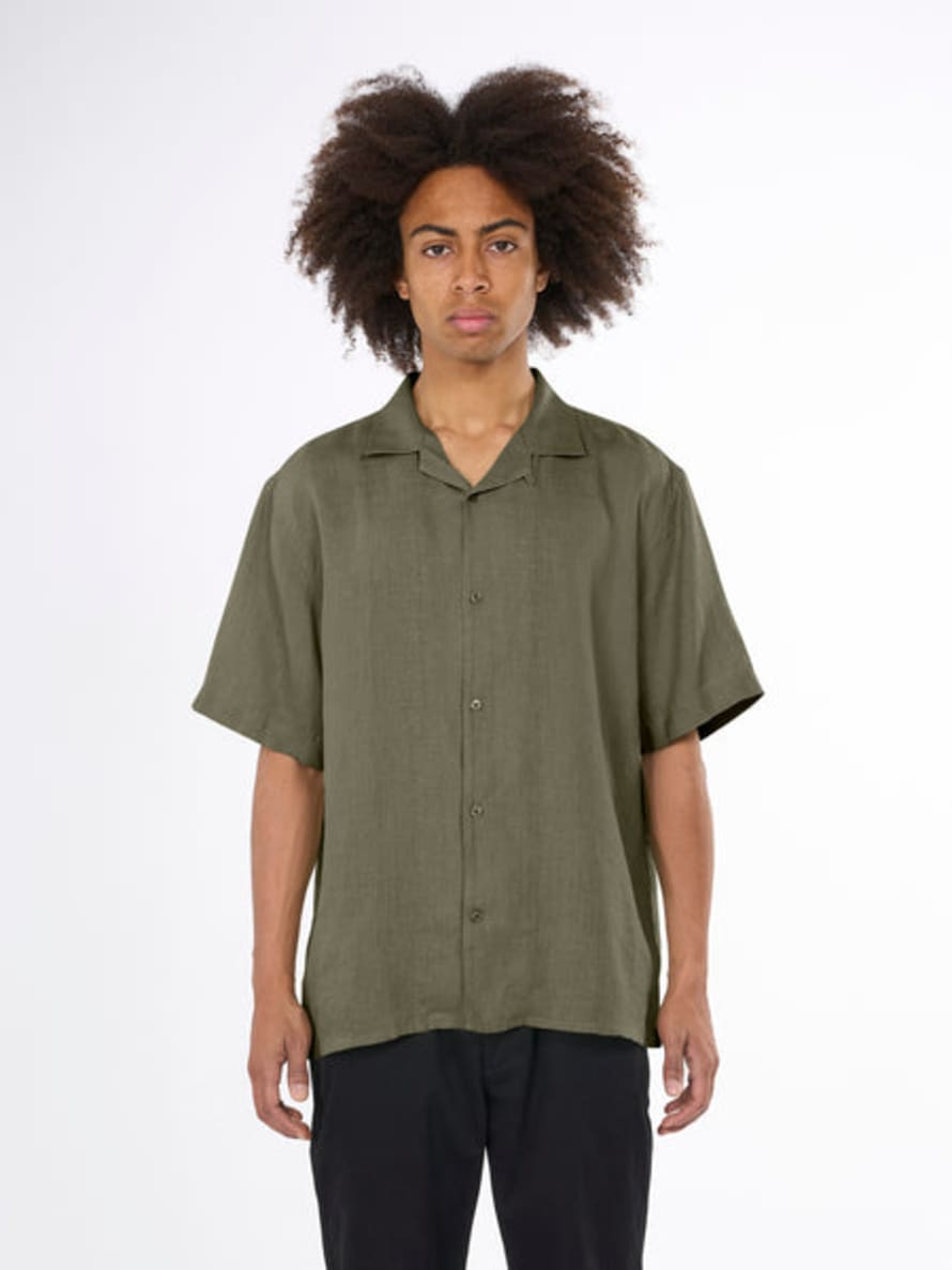 Knowledge Cotton Apparel  Green Boxy Short Sleeve Linen Shirt