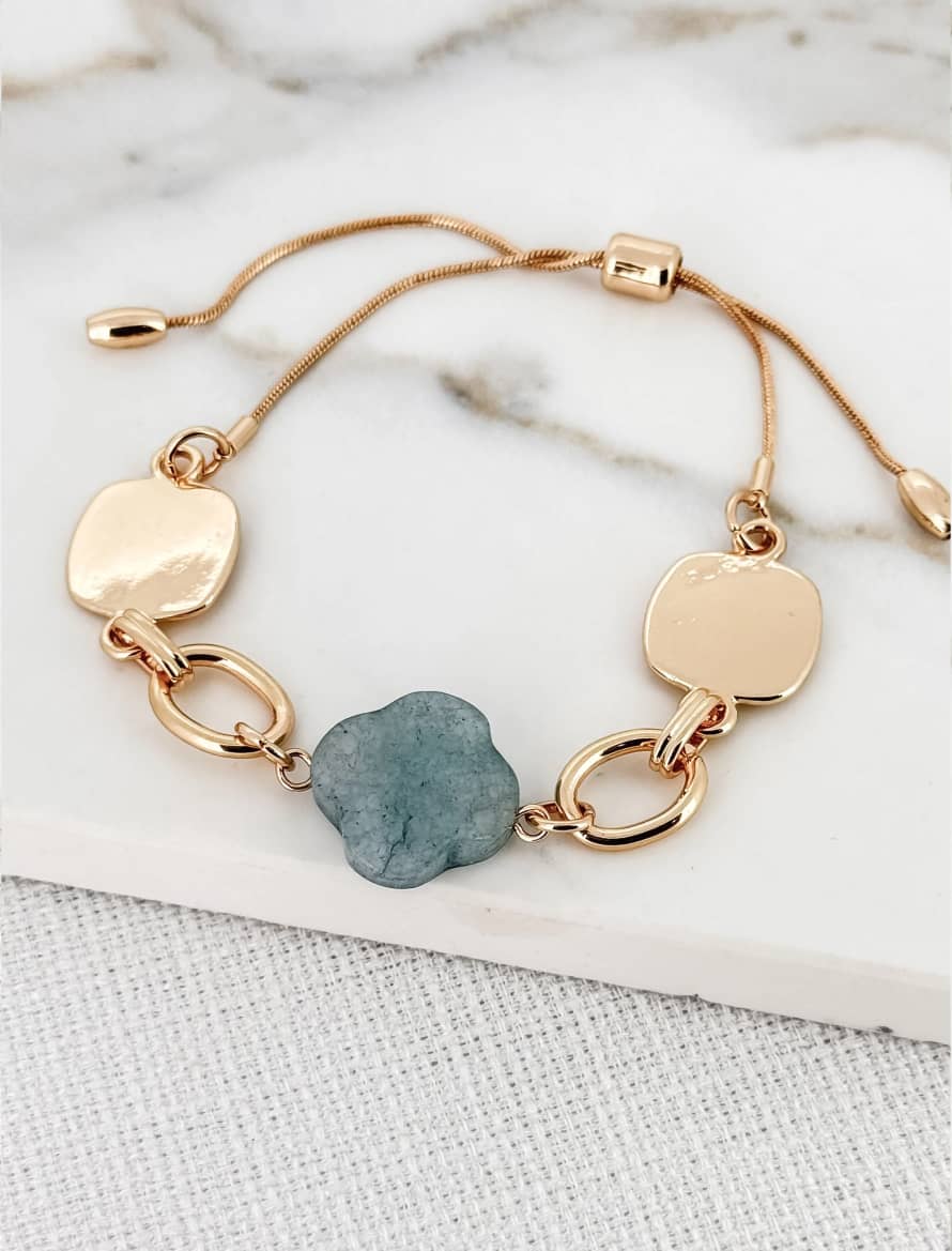 Envy Blue and Gold Adjustable Bracelet with Semi Precious Fleur