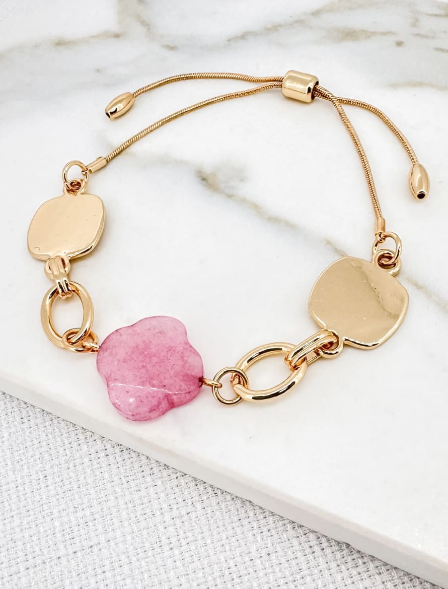 Envy Pink and Gold Adjustable Bracelet with Semi Precious Fleur