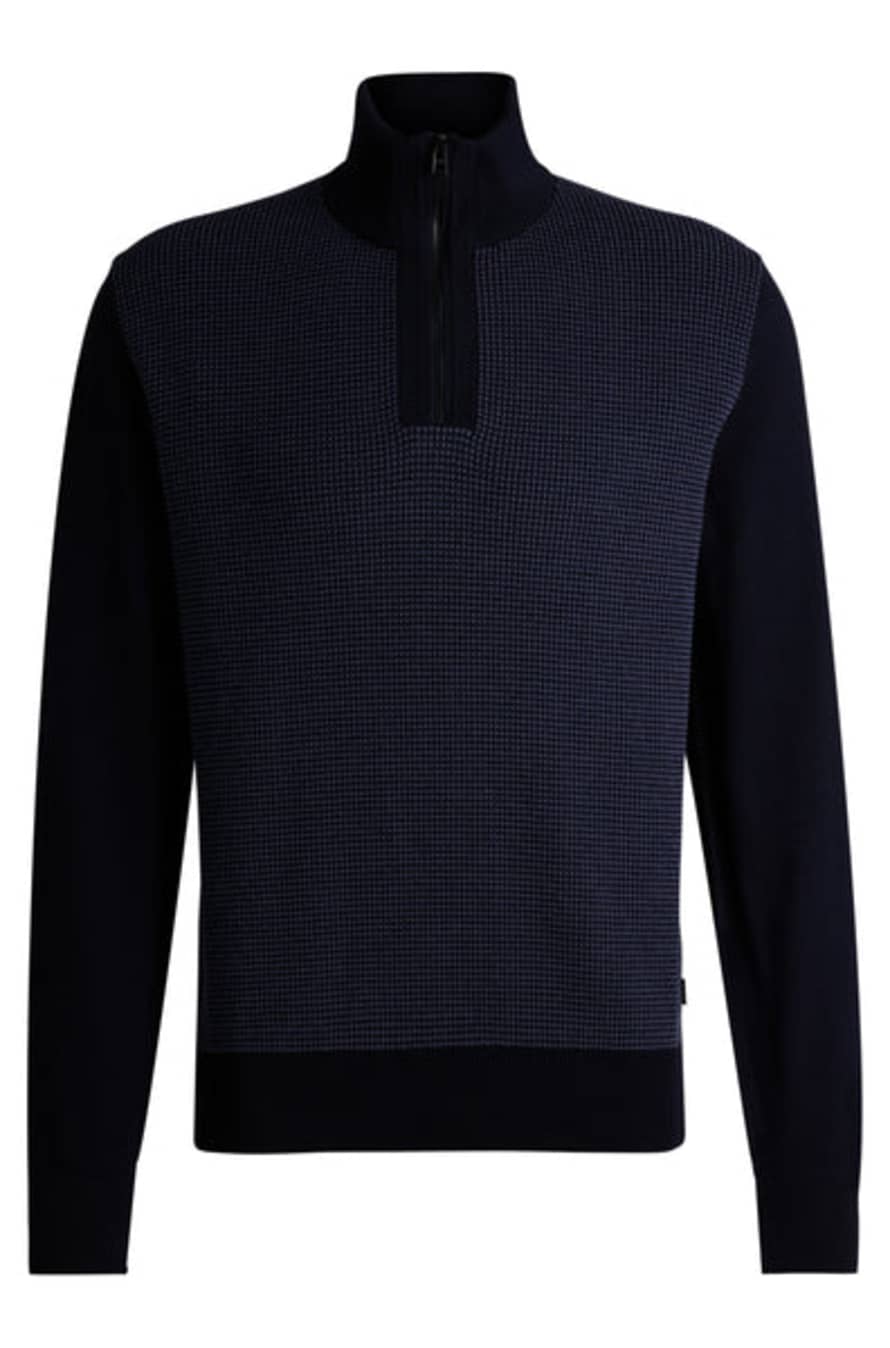 Hugo Boss Boss - H-dambino Zip Neck Sweater With Mixed Structures In Dark Blue 50519590 404