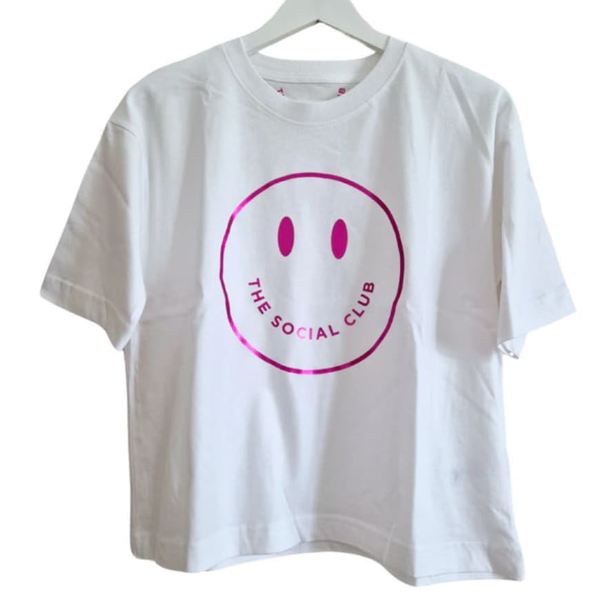 The Social Club London White T-shirt With Pink Metallic Smiley- 100% Organic Cotton