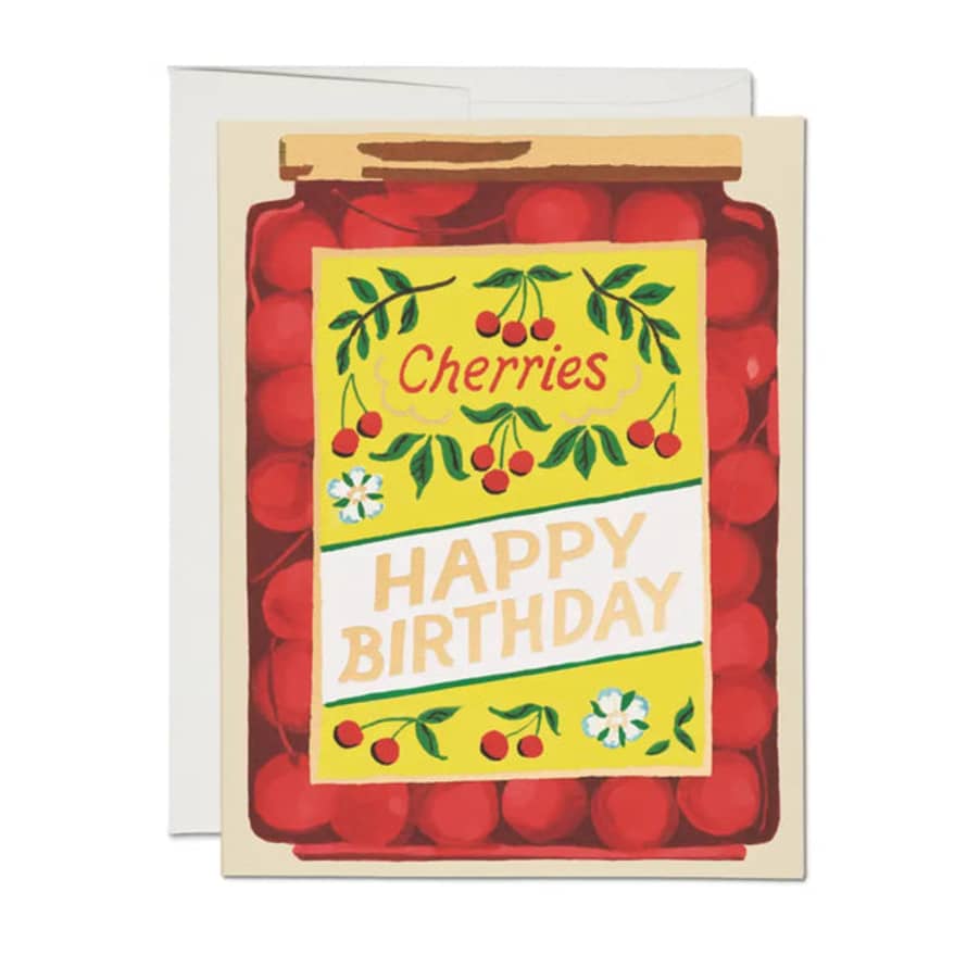 Red Cap Cherries Jar Greetings Card