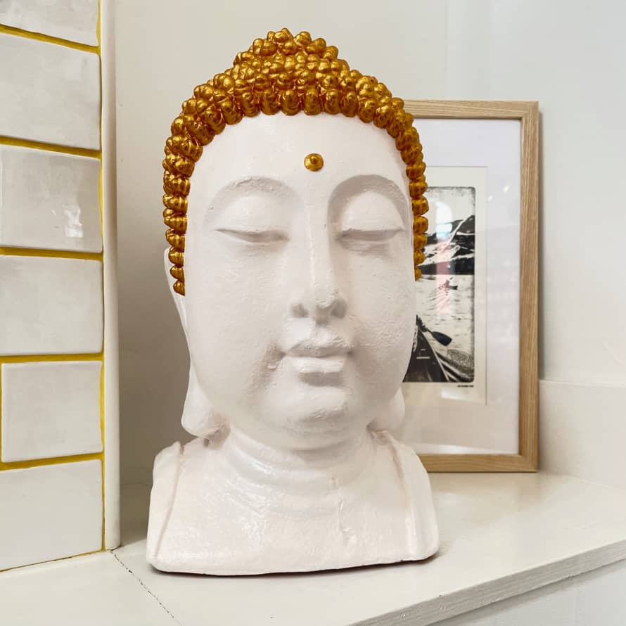 Hyde And Seek Buddha Head Ceramic Statue in White and Gold