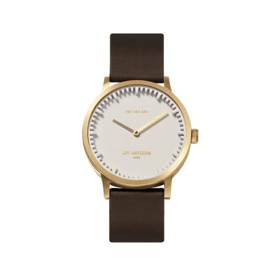 Leff Amsterdam Tube Watch | T32 Brass White Case With Brown Leather Strap