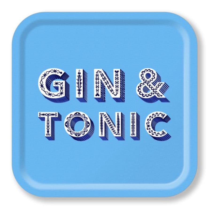 Jamida of Sweden Asta Barrington Word Collection Gin and Tonic Tray in Birch Ply in Blue 32cm Square
