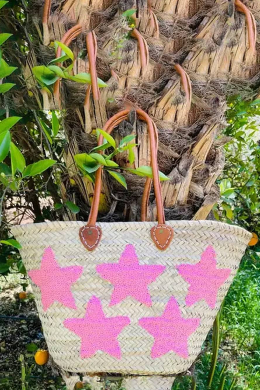 Melecraft Pink Sequin Star Straw Basket Bag