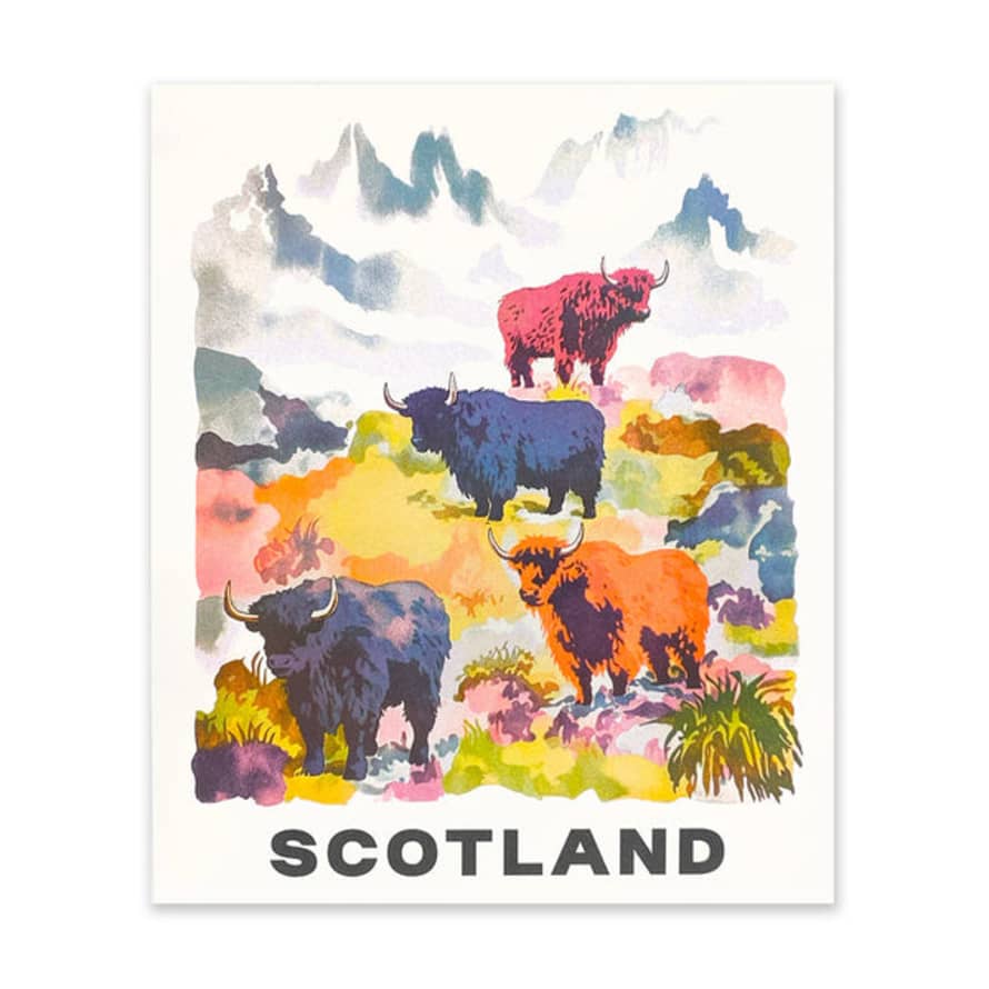 Ohh Deer Scotland, Highland Cows Risograph Art Print