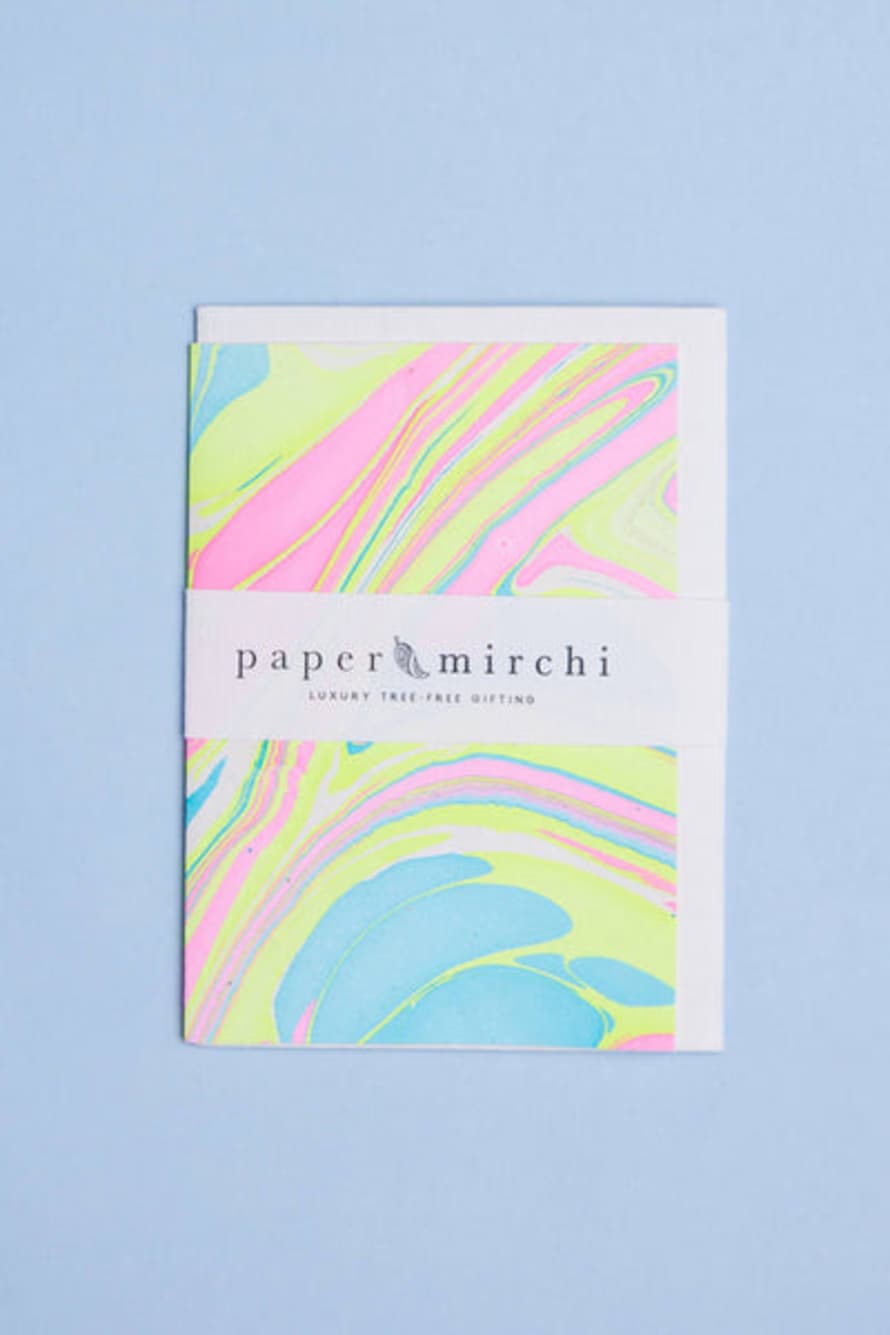 Paper Mirchi Hand Marbled Greeting Card - Waves Neon