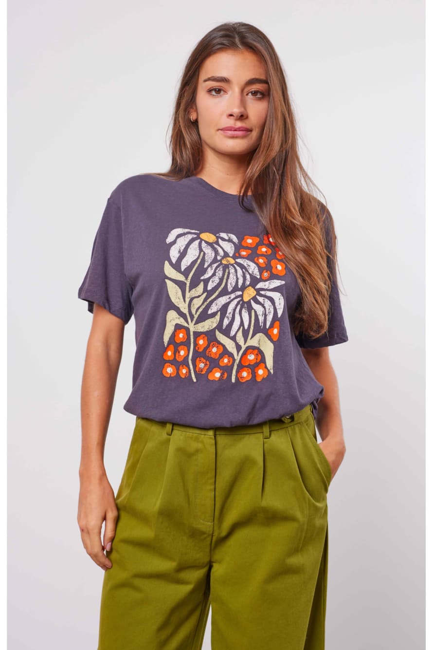 The Korner Dark Grey Flowery Printed Womens T Shirt