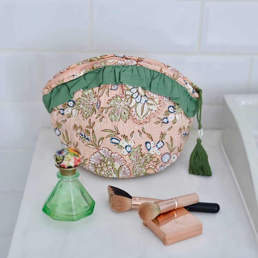 Powell Craft Block Printed Peach Floral Quilted Make Up Bag