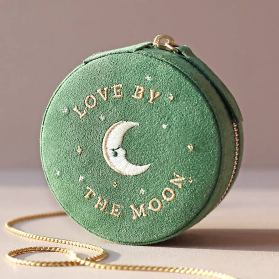 Lisa Angel Sun And Moon Embroidered Round Jewellery Case In Green