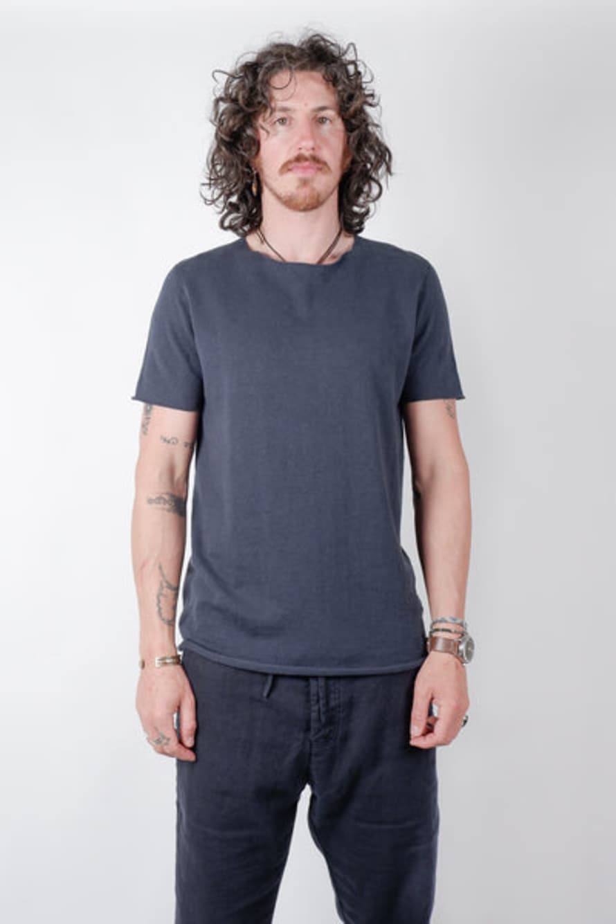 Hannes Roether Cotton/linen Raw Neck T-shirt Navy
