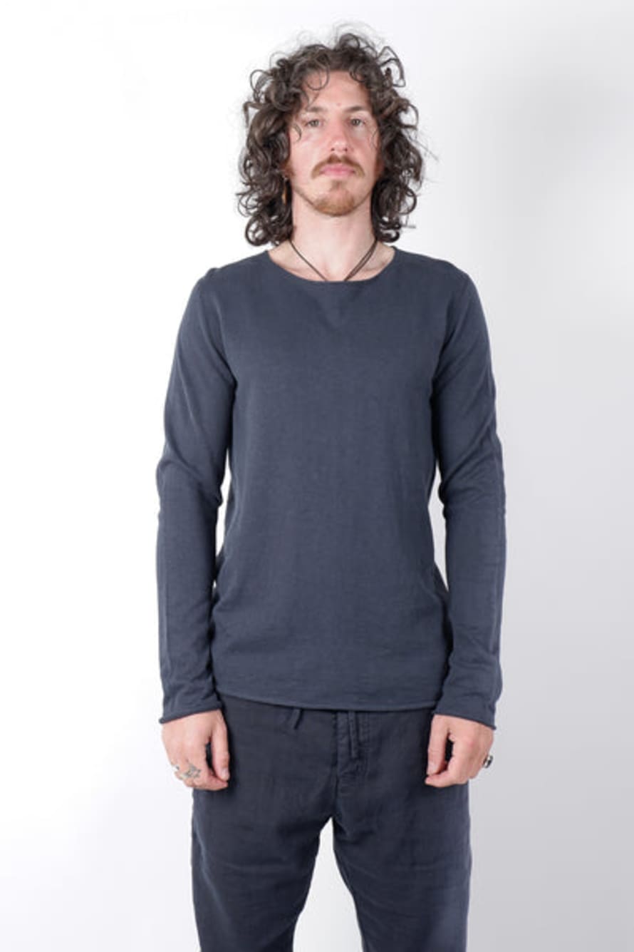 Hannes Roether Linen/cotton Mix Round Neck L/s T-shirt Navy
