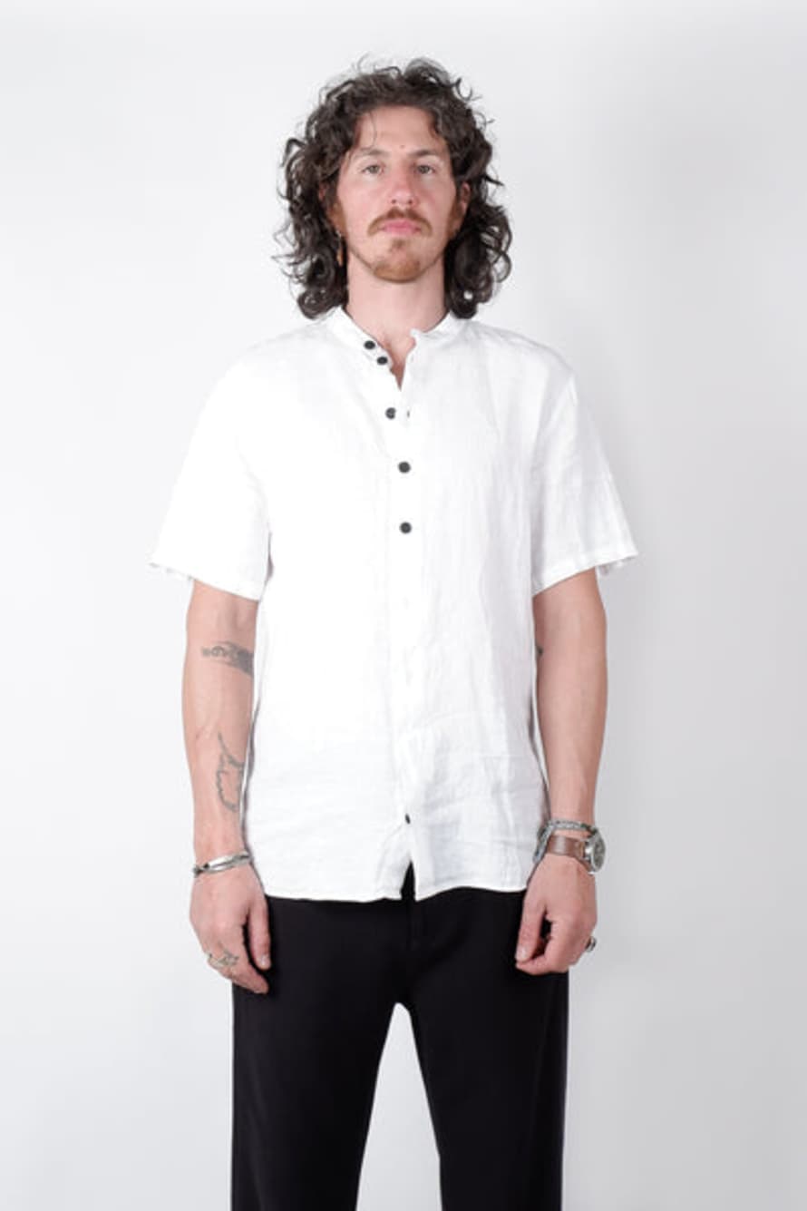Hannes Roether Grandad Collar Linen Shirt White