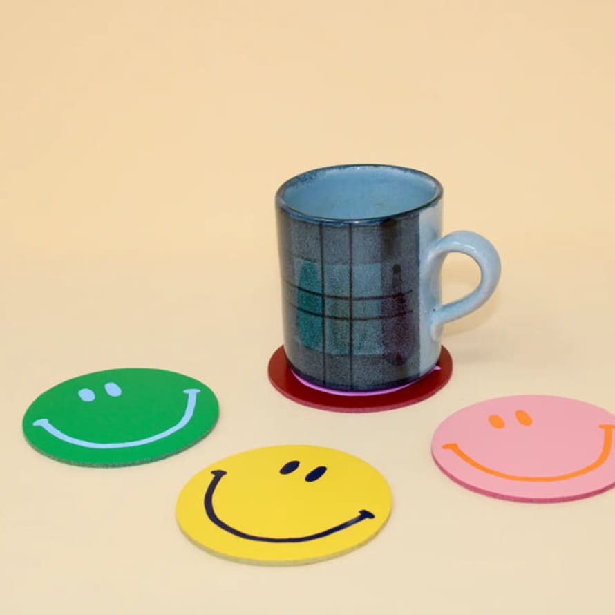 Ark Happy Face Smiley Leather Coasters - Set Of 4