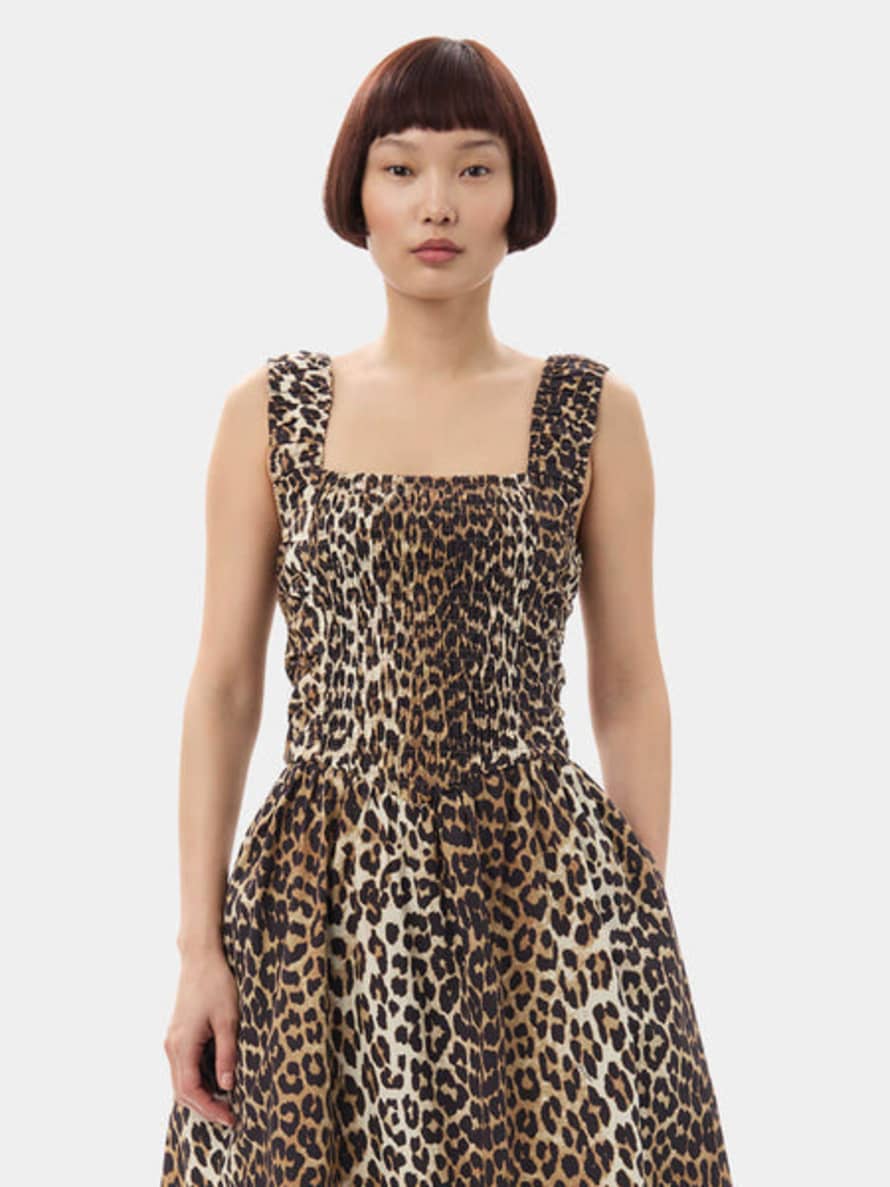 Ganni Leopard Printed Cotton Midi Strap Smock Dress