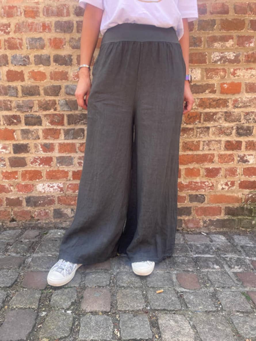 Twenty Three Living Charcoal Linen Palazzo Trousers With Jersey Waist