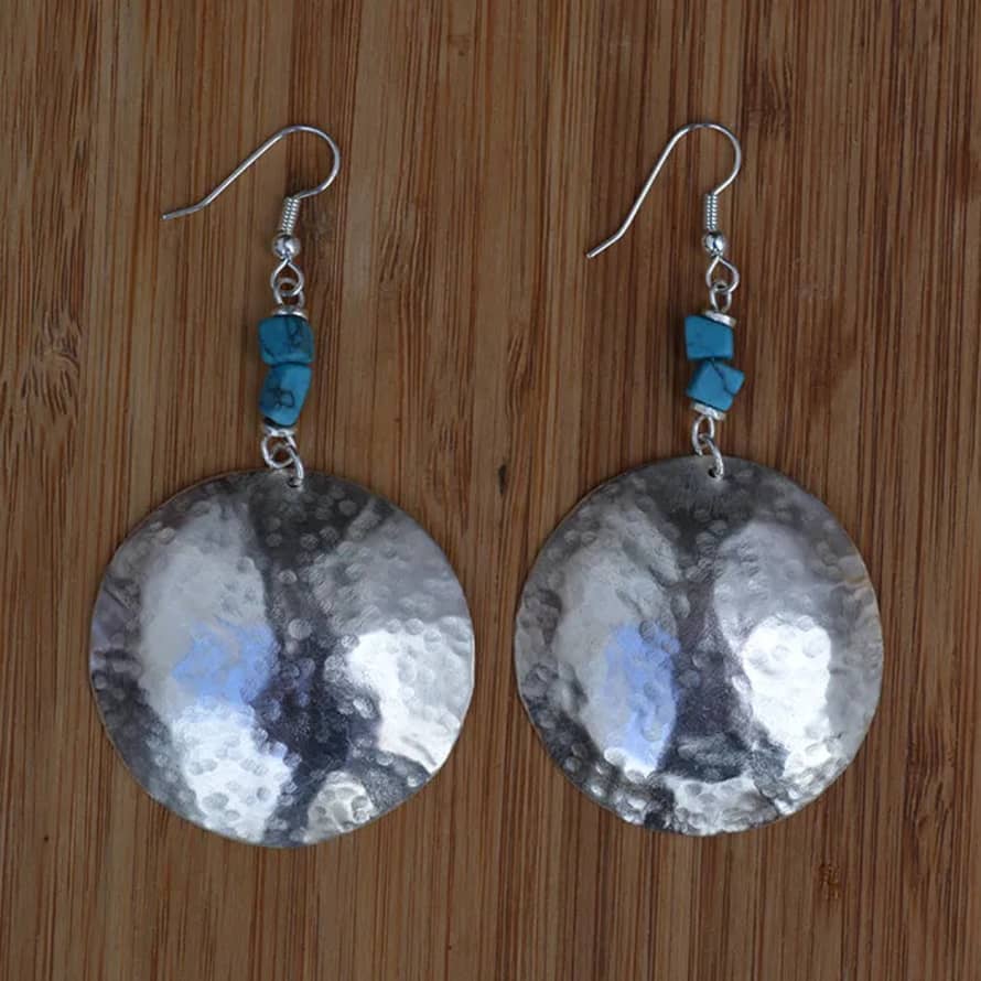 Bombolulu Domed Circle With Turquoise Chip Bombolulu Earrings - Silver Plated