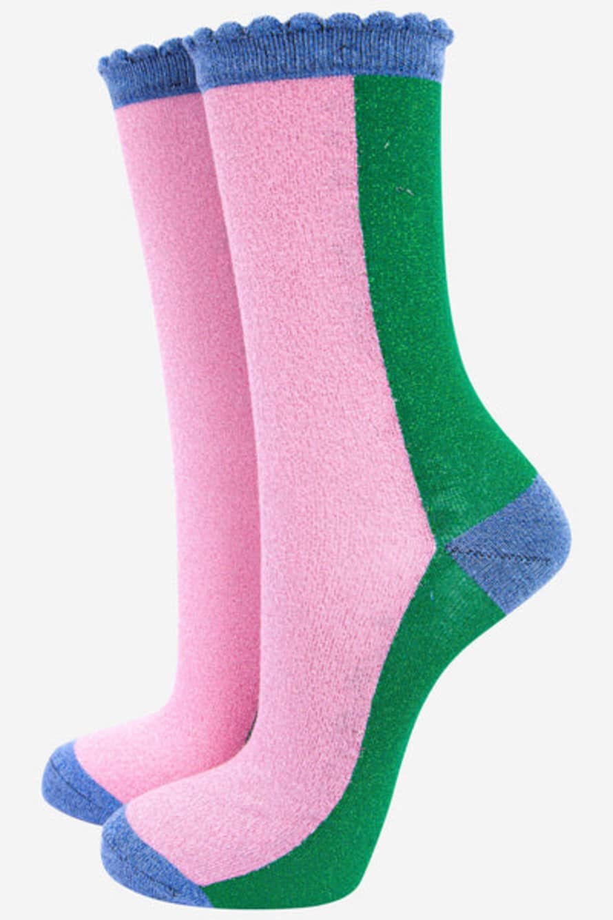 Sock Talk Women's Cotton Glitter Socks Colour Block In Green & Pink: Uk 3-7 | Eu 36-40