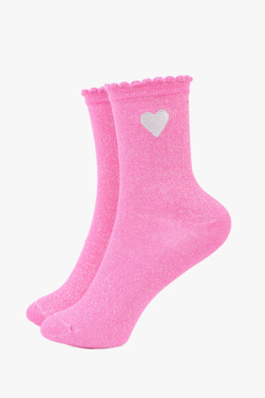 Sock Talk Pink Glitter Socks Heart Ankle Socks With Scalloped Cuff