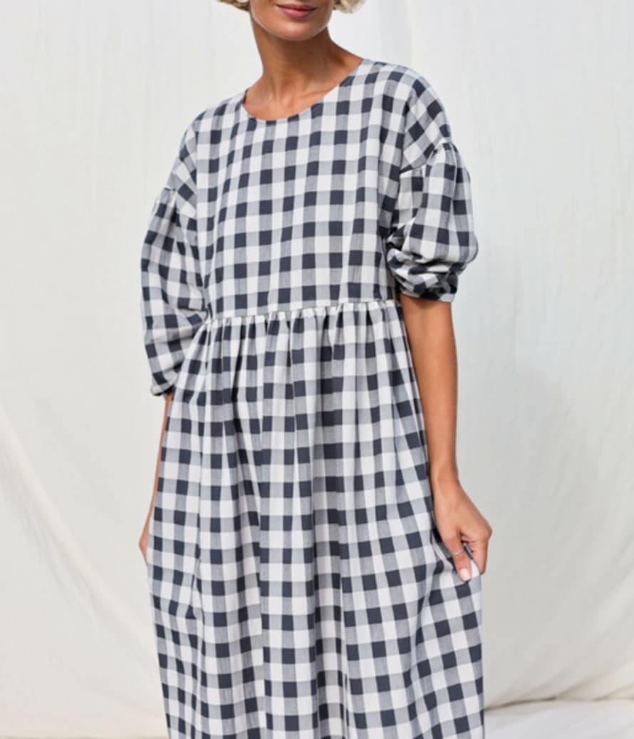 OFFON CLOTHING Seersucker Dark Grey Check Oversized Dress