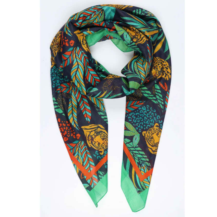 livs Cotton Scarf - Tiger & Jungle Print, Navy Blue (180x100cm)