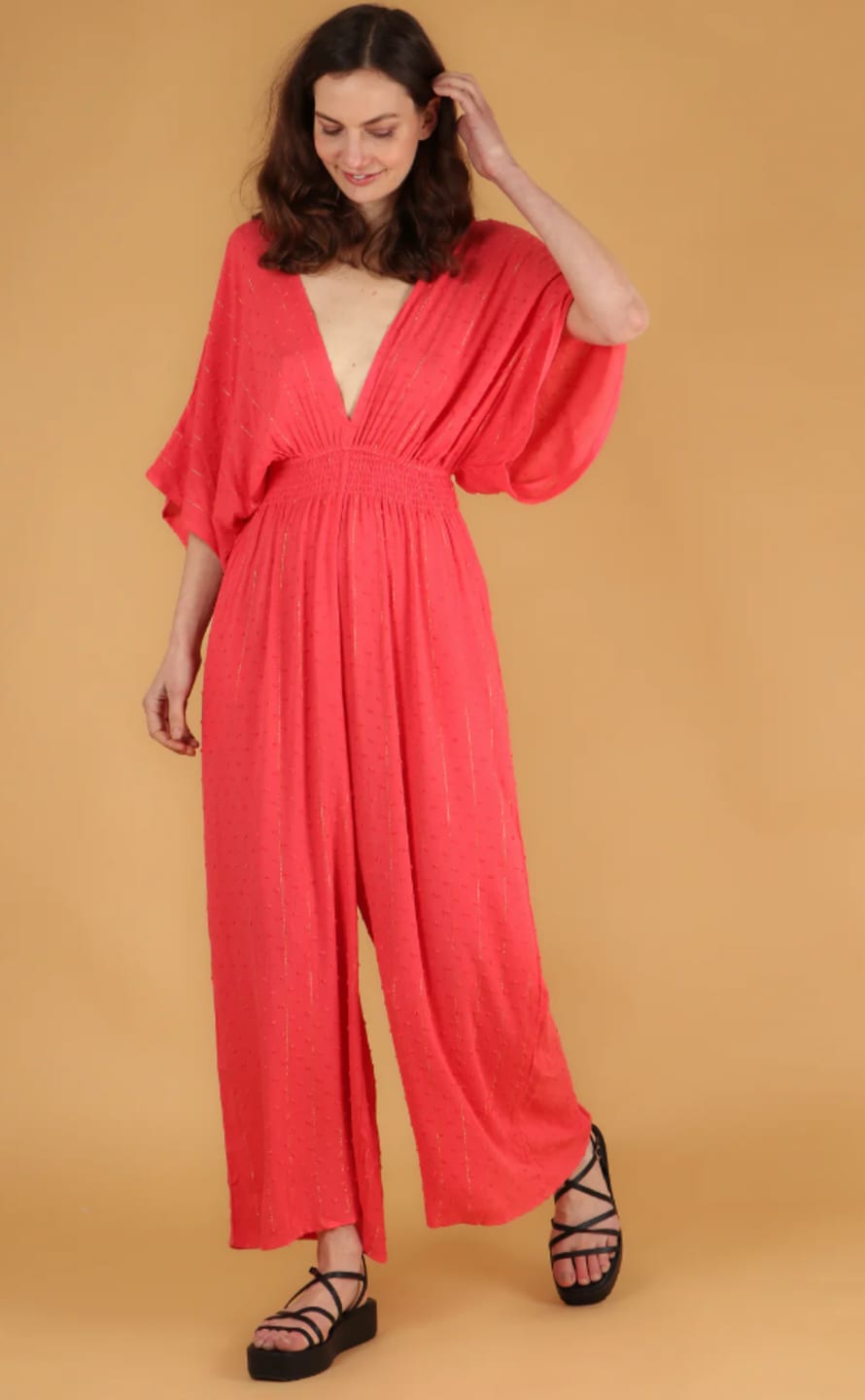 MSH Msh Flared Jumpsuit With Wide Legs, Deep V-neck And Gold Metallic Stripe In Coral
