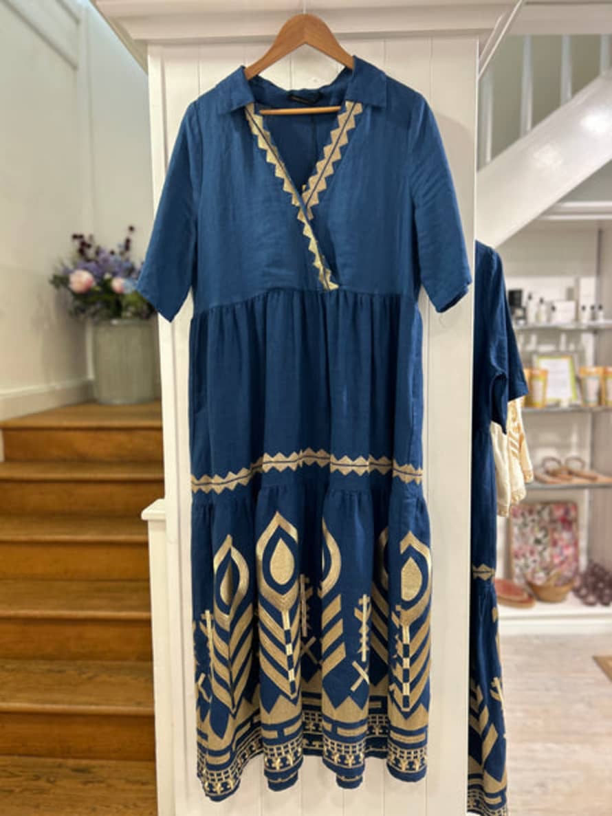 Greek Archaic Short Sleeve Long Feather Dress In Indigo With Gold Detail