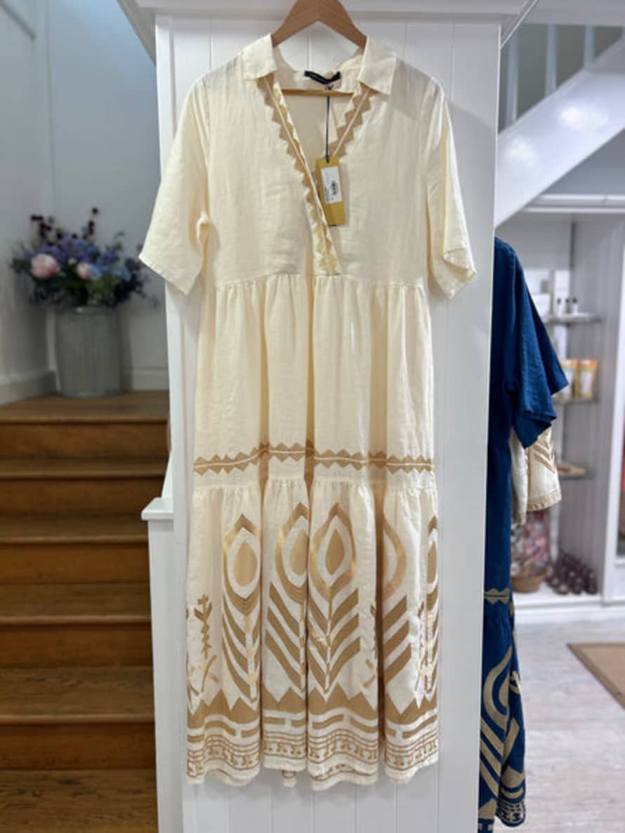 Greek Archaic Short Sleeve Long Feather Dress In Natural With Gold Detail