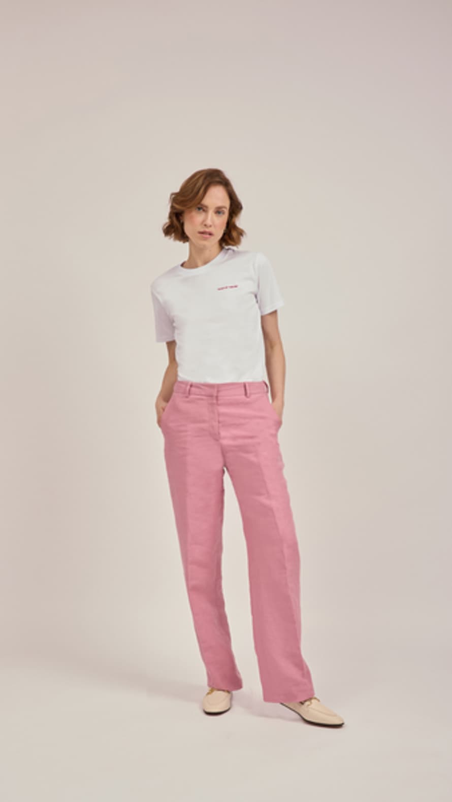 Anna James Straight-leg Trousers In Dusty Pink Linen By