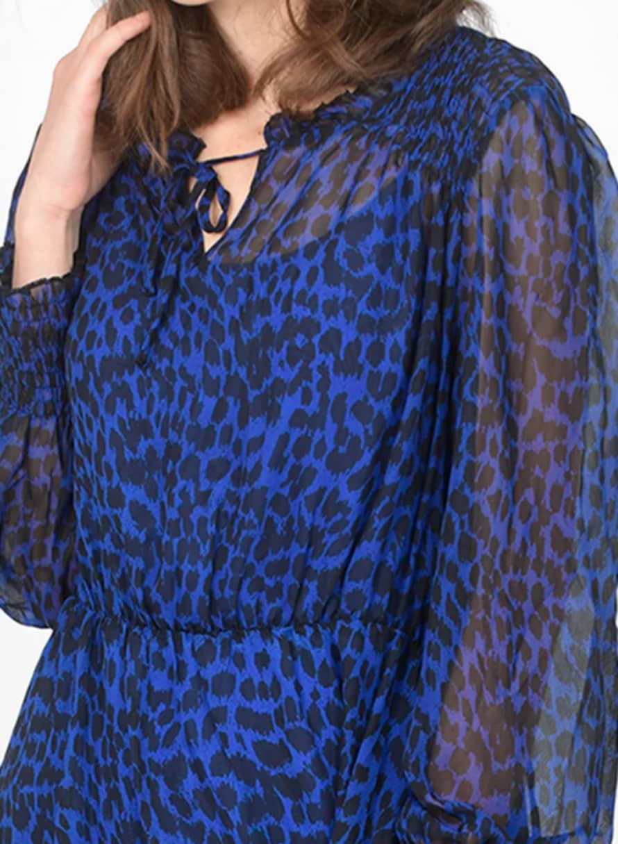 MSH Msh Animal Print Shirred Shoulder Chiffon Midi Dress In Blue