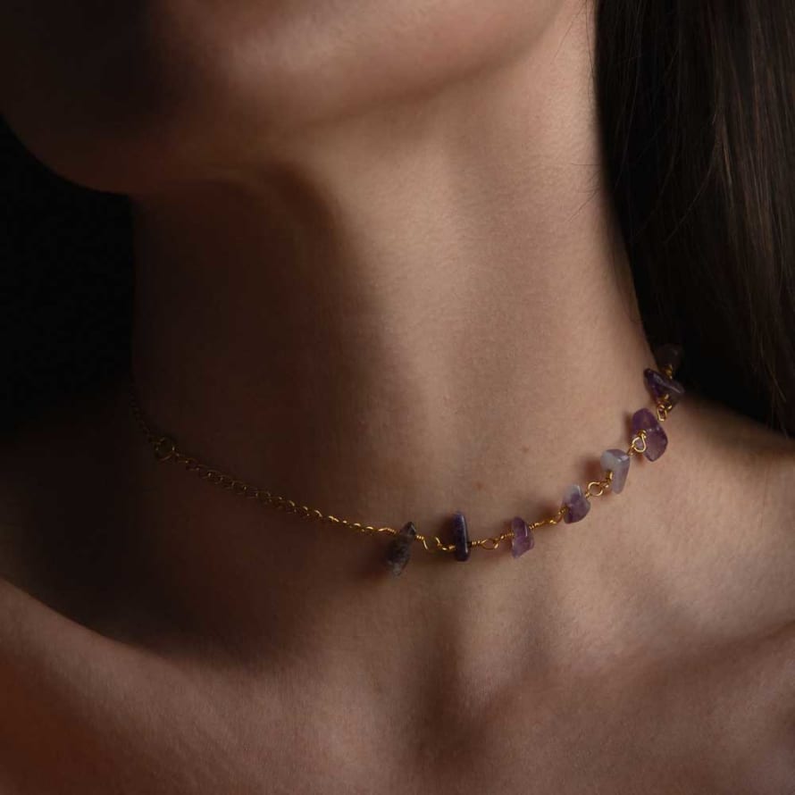 A Weathered Penny  Gold Plated Amethyst Asymmetric Necklace