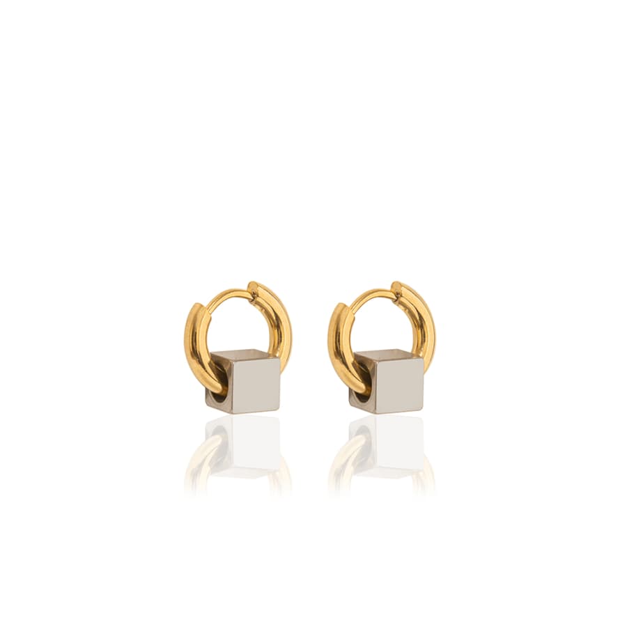 A Weathered Penny  Gold Plated Contrast Cube Huggie Earrings