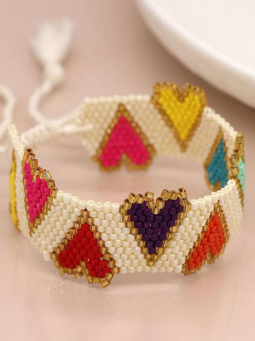 POM White/multi Hearts Beaded Ribbon Bracelet